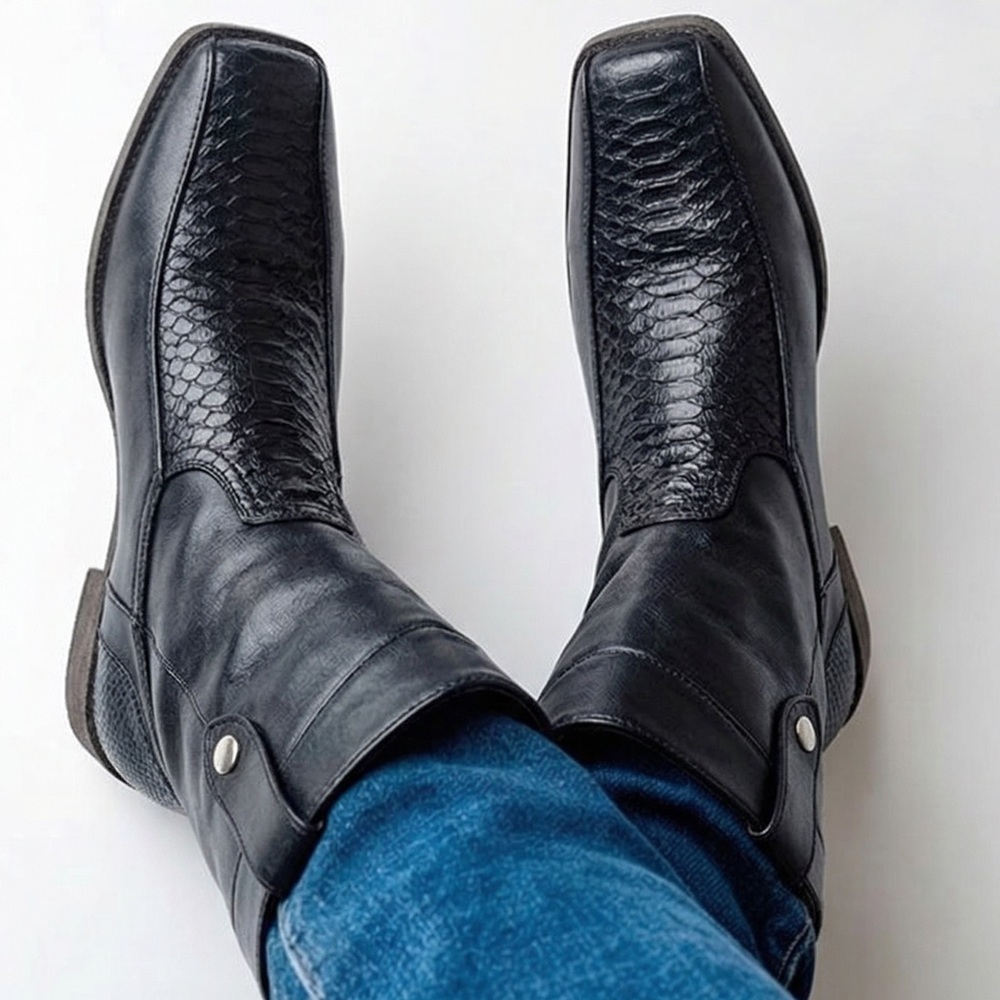 NWOB Men’s SZ 48 (China)/13 US black vegan leather square toe boots w/faux snake
